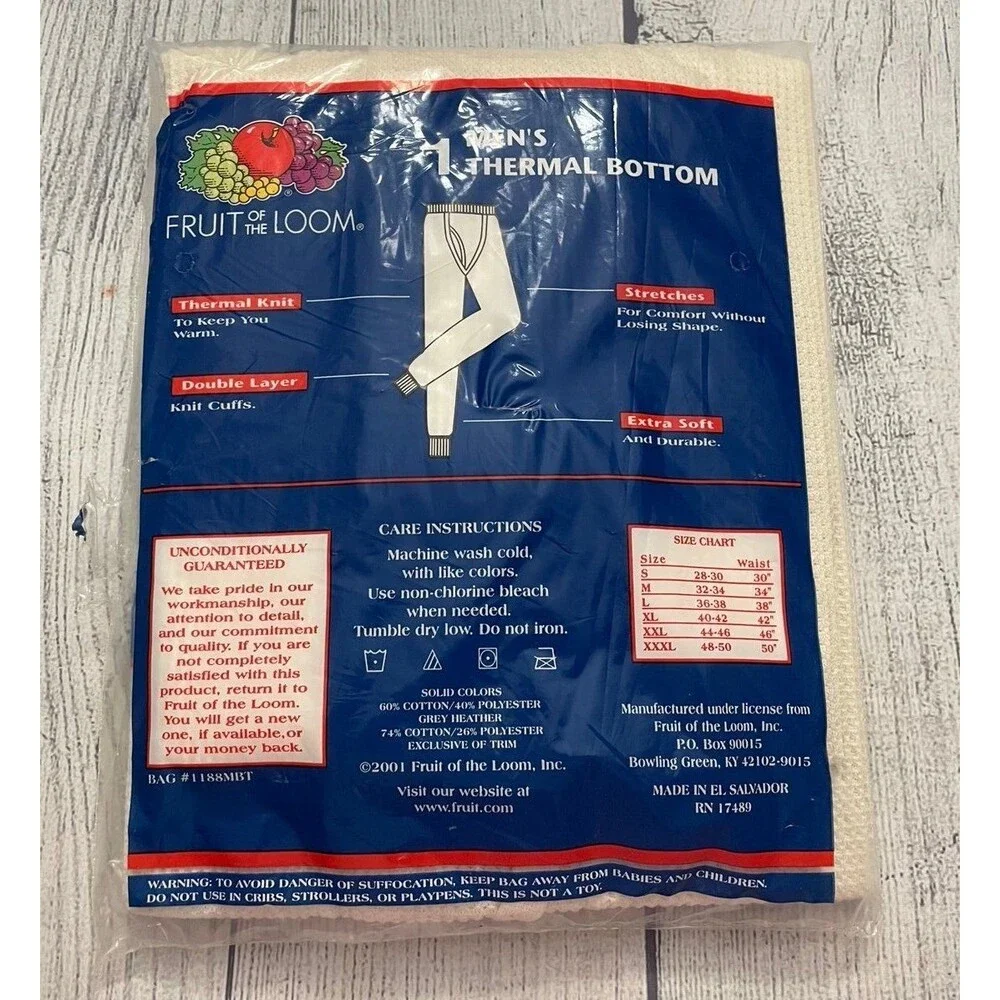 NEW! Vintage Fruit of the Loom Thermal Long Underwear Bottom, Ankle Length, XL